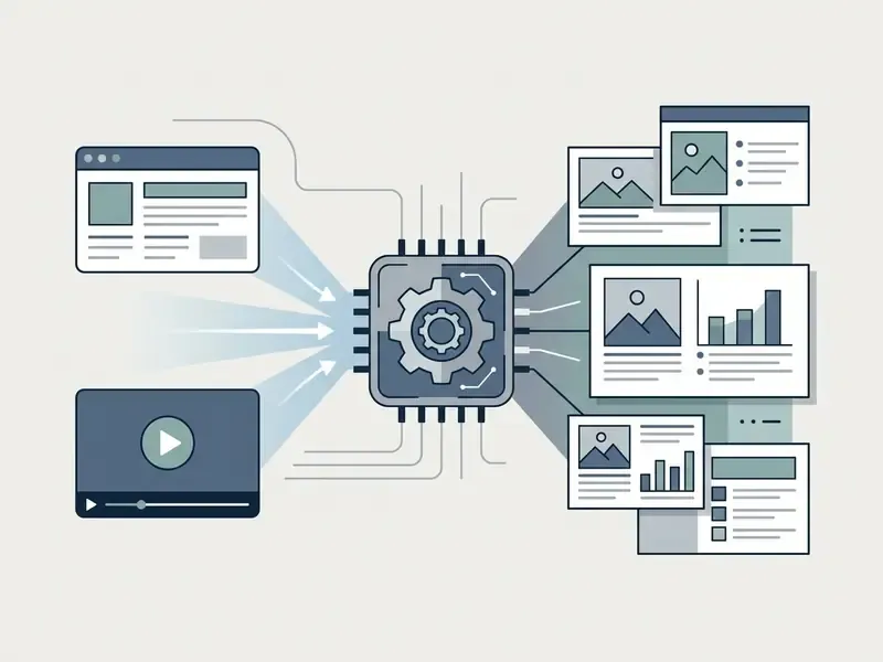 Web pages and video content being processed by a central AI chip into structured presentation slides