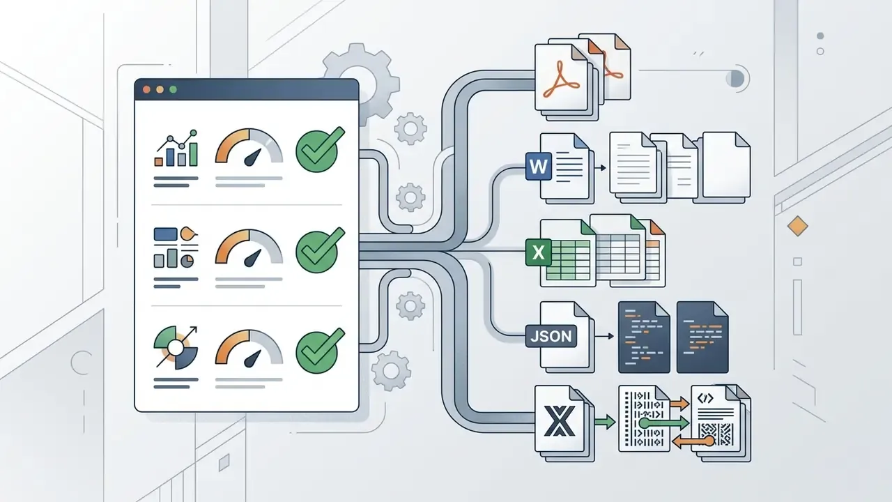 Central dashboard routing data into various file formats including PDF, Word, Excel, JSON, and e-invoicing