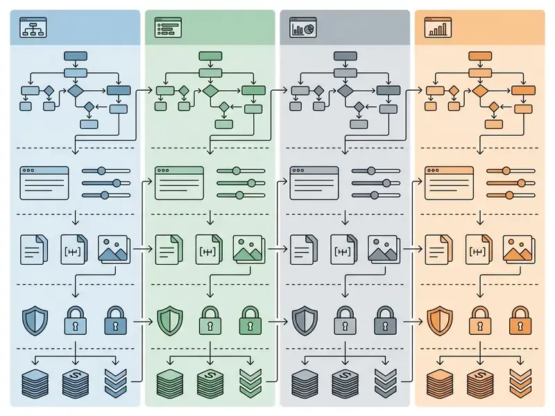 Four vertical columns showing parallel workflows for data processing, customization, and secure storage