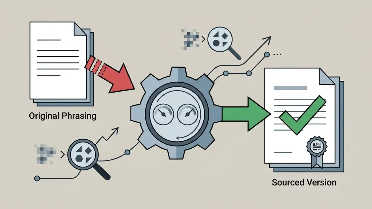 Original text moving through a gear mechanism with gauges to emerge as a verified and sourced document