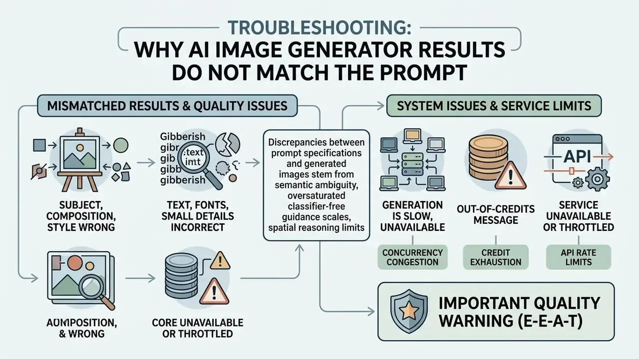 Infographic outlining common causes for ai image generation errors including quality and system issues