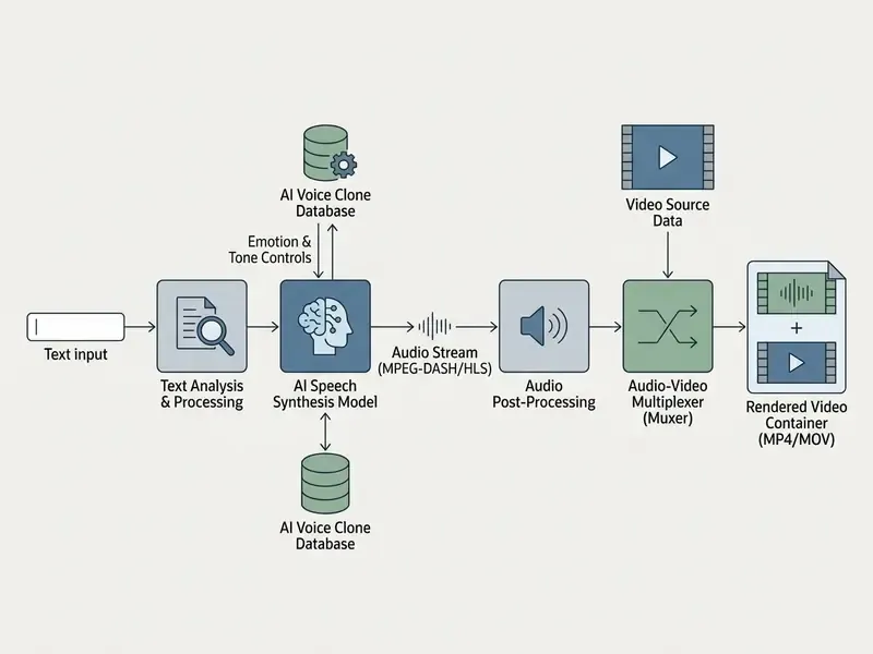 Flowchart showing text processing and speech synthesis integrated into a video multiplexer for final output
