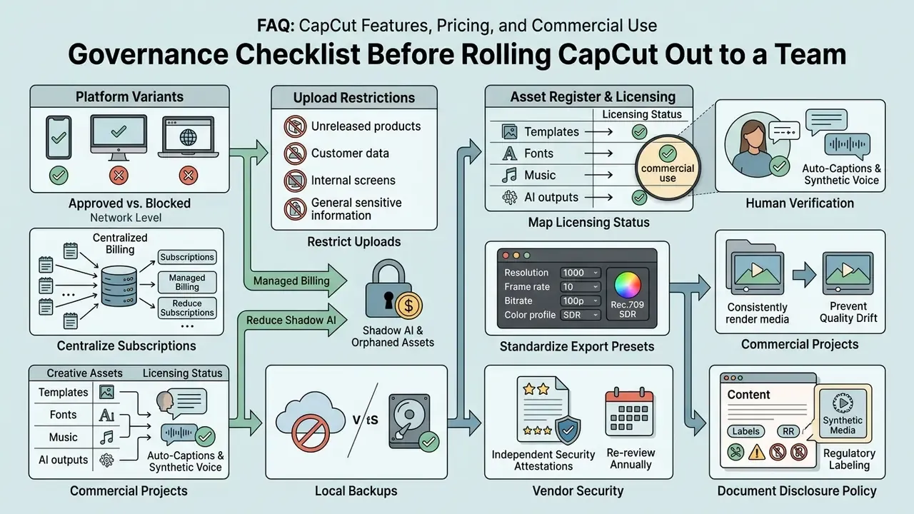 Flowchart outlining corporate compliance steps for platform access, upload restrictions, and asset licensing