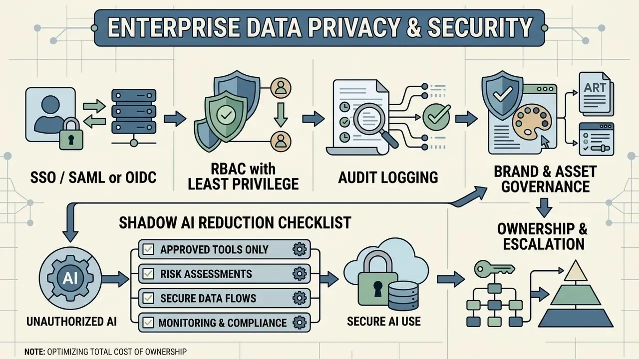 Process flow showing enterprise security protocols including access control, audit logging, and AI governance