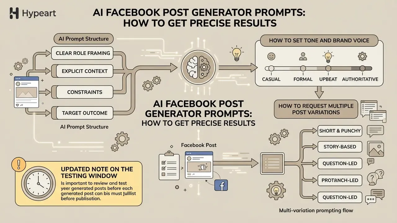Diagram detailing prompt structures, brand voice settings, and multi-variation workflows for social content