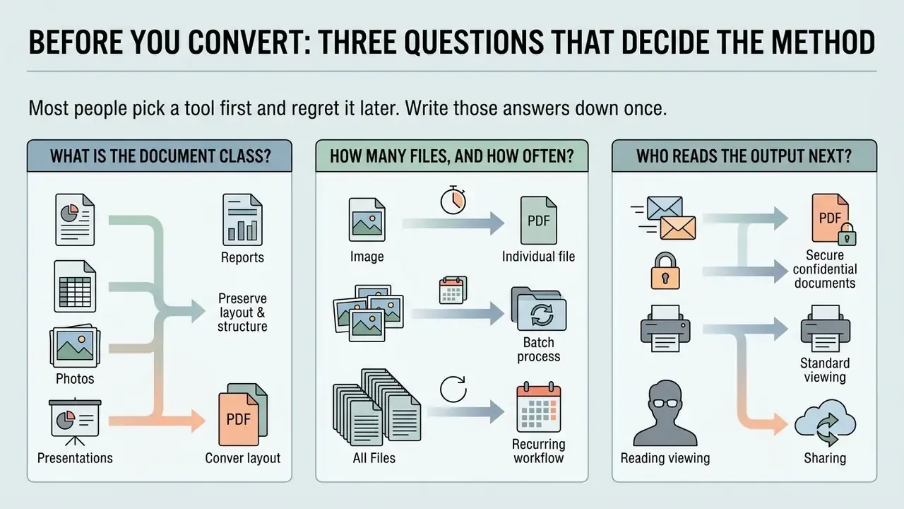 Infographic showing three decision factors for file conversion including document type, volume, and audience