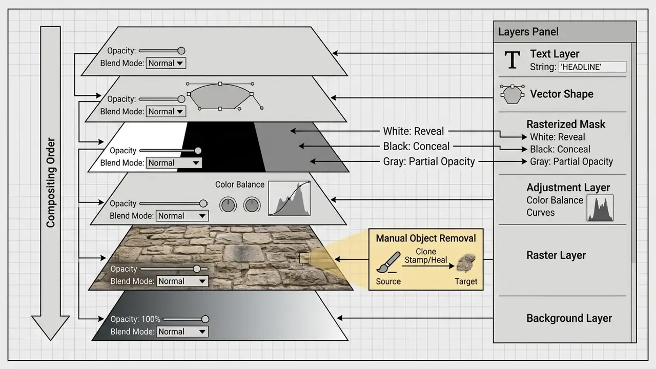 Diagram showing a vertical stack of image layers with opacity, blending modes, and masking controls