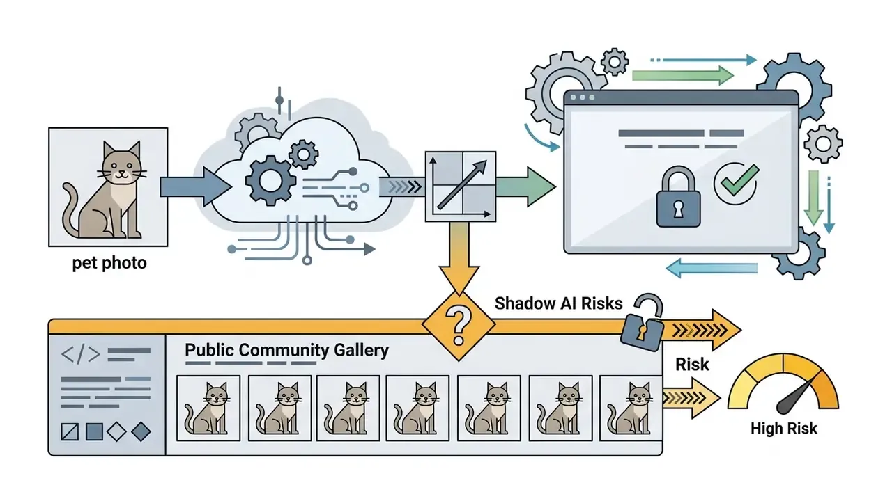 Pet photo processed into a public gallery showing data exposure risks through a high risk gauge