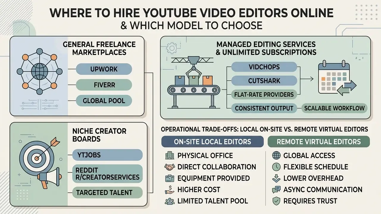 Infographic comparing freelance marketplaces, niche boards, and subscription services for video editing