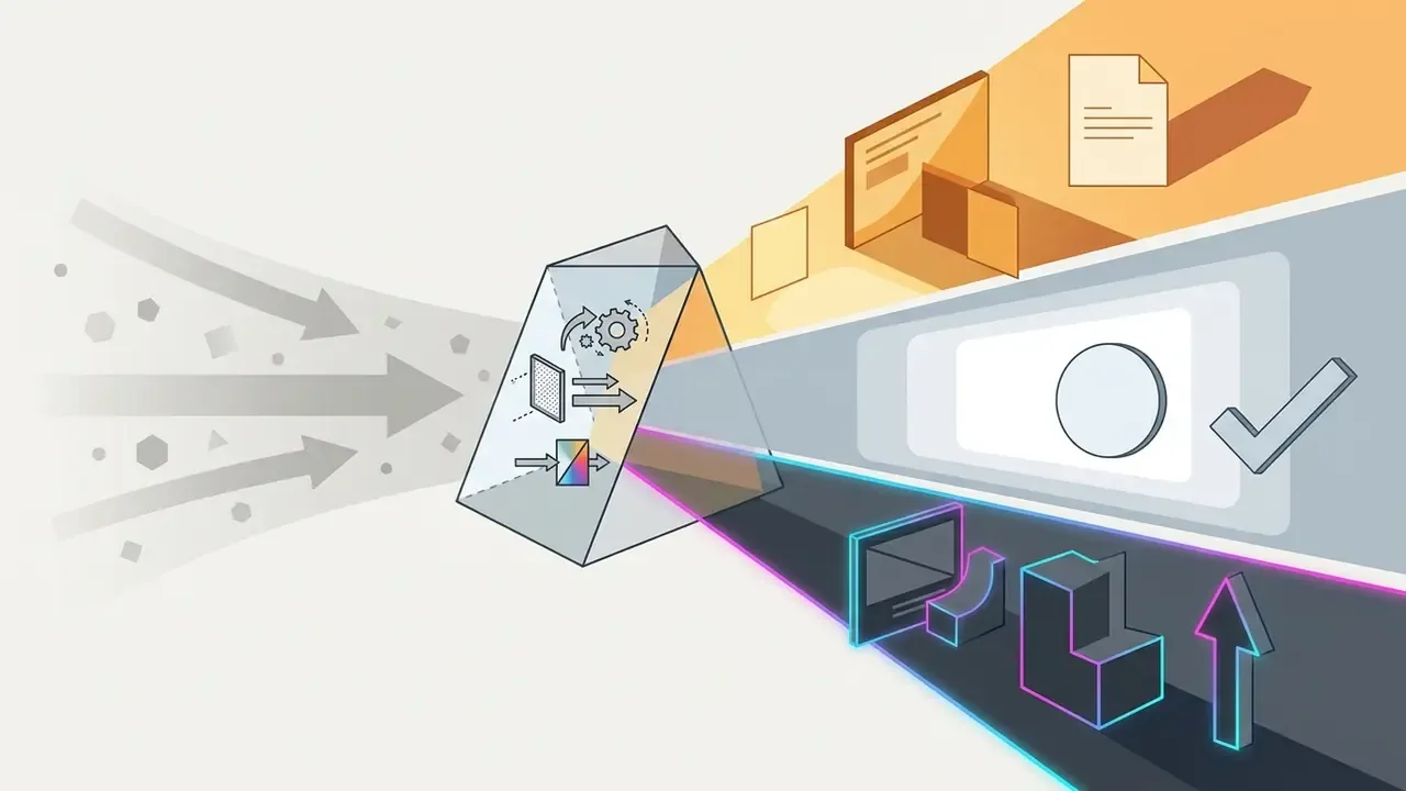 Prism refracting input data into diverse output formats like documents, UI elements, and neon graphics