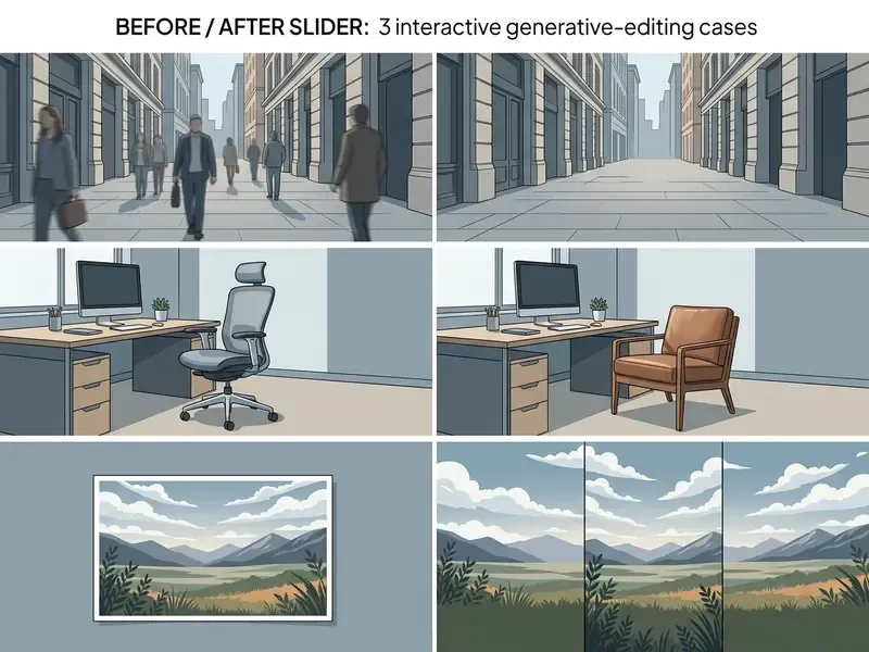Three side-by-side comparisons showing generative editing to remove people, swap furniture, and expand scenes