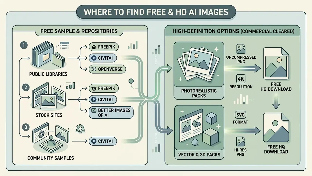 Flowchart comparing free AI image repositories with high-definition commercial download options