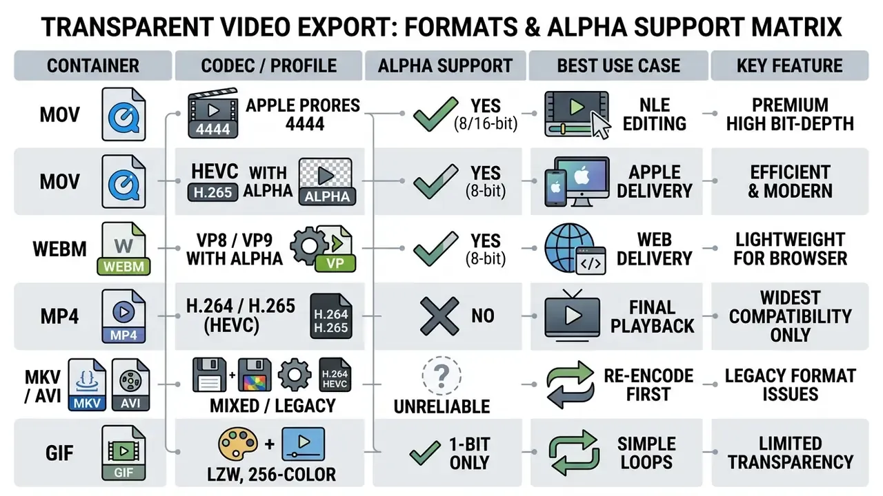 Table comparing video containers, codecs, alpha channel support, and use cases for transparent exports