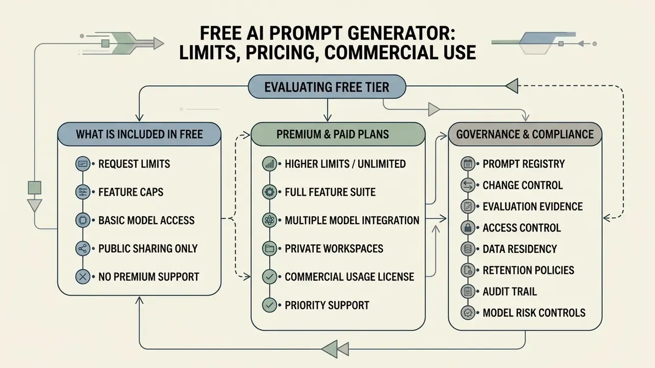Diagram comparing free tier features, paid plan advantages, and governance compliance requirements
