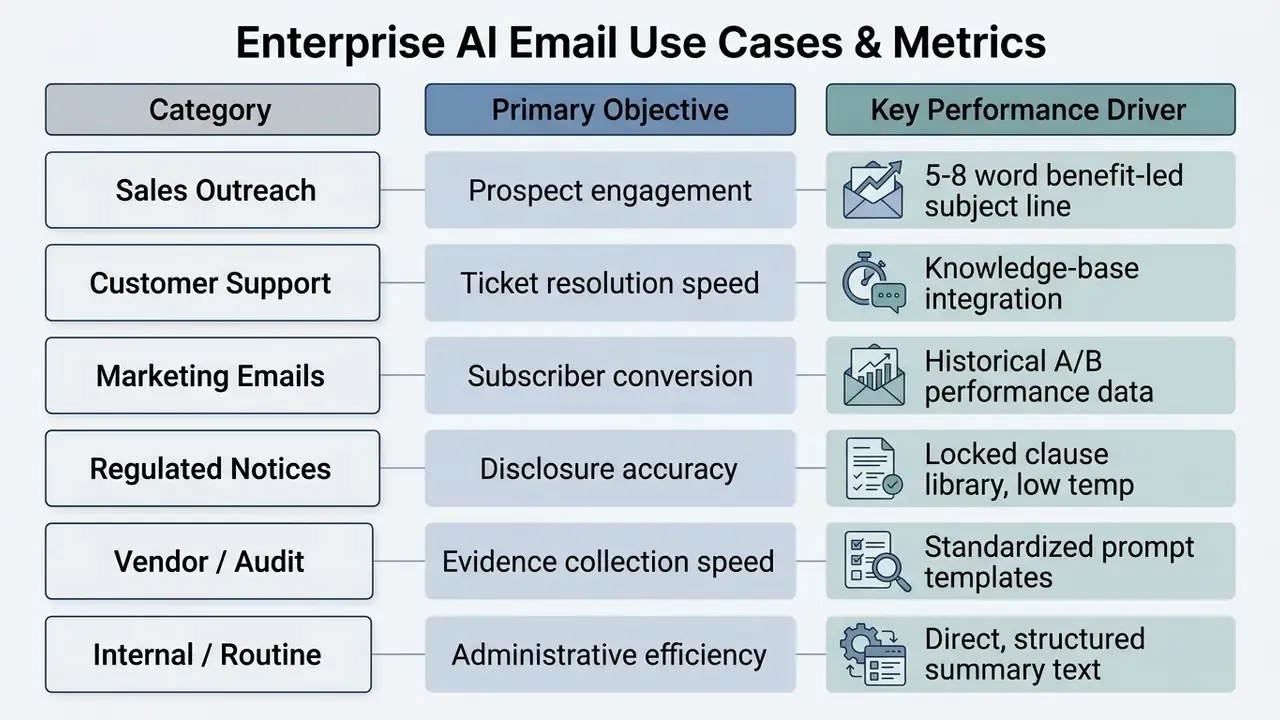 Table mapping enterprise email categories to their primary objectives and key performance drivers