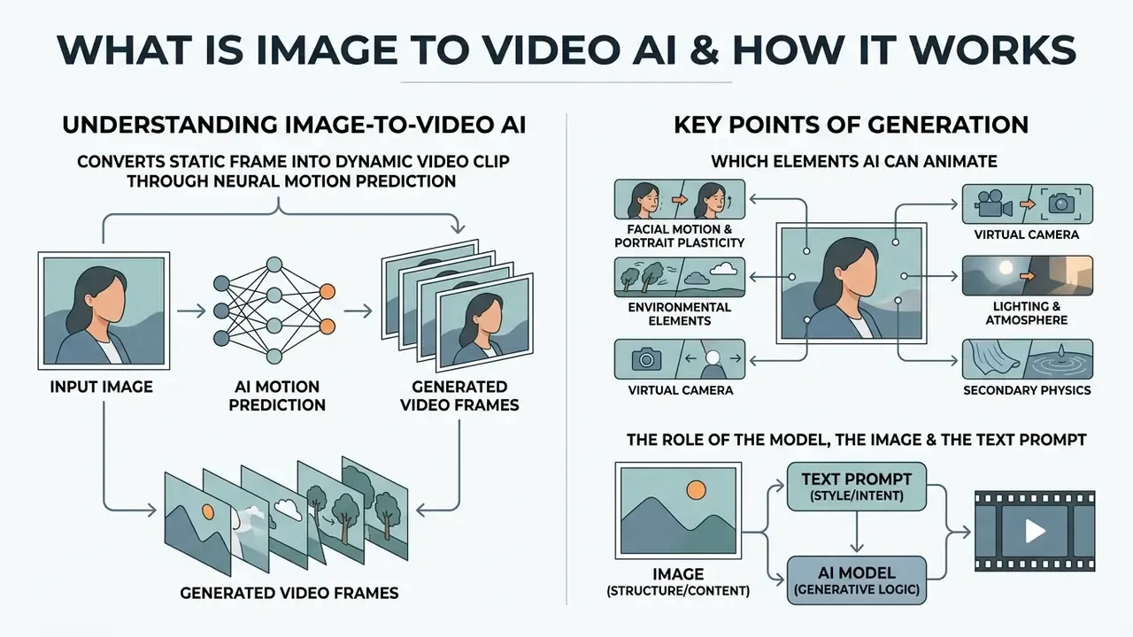 Diagram showing neural motion prediction converting static images into video frames with controllable elements