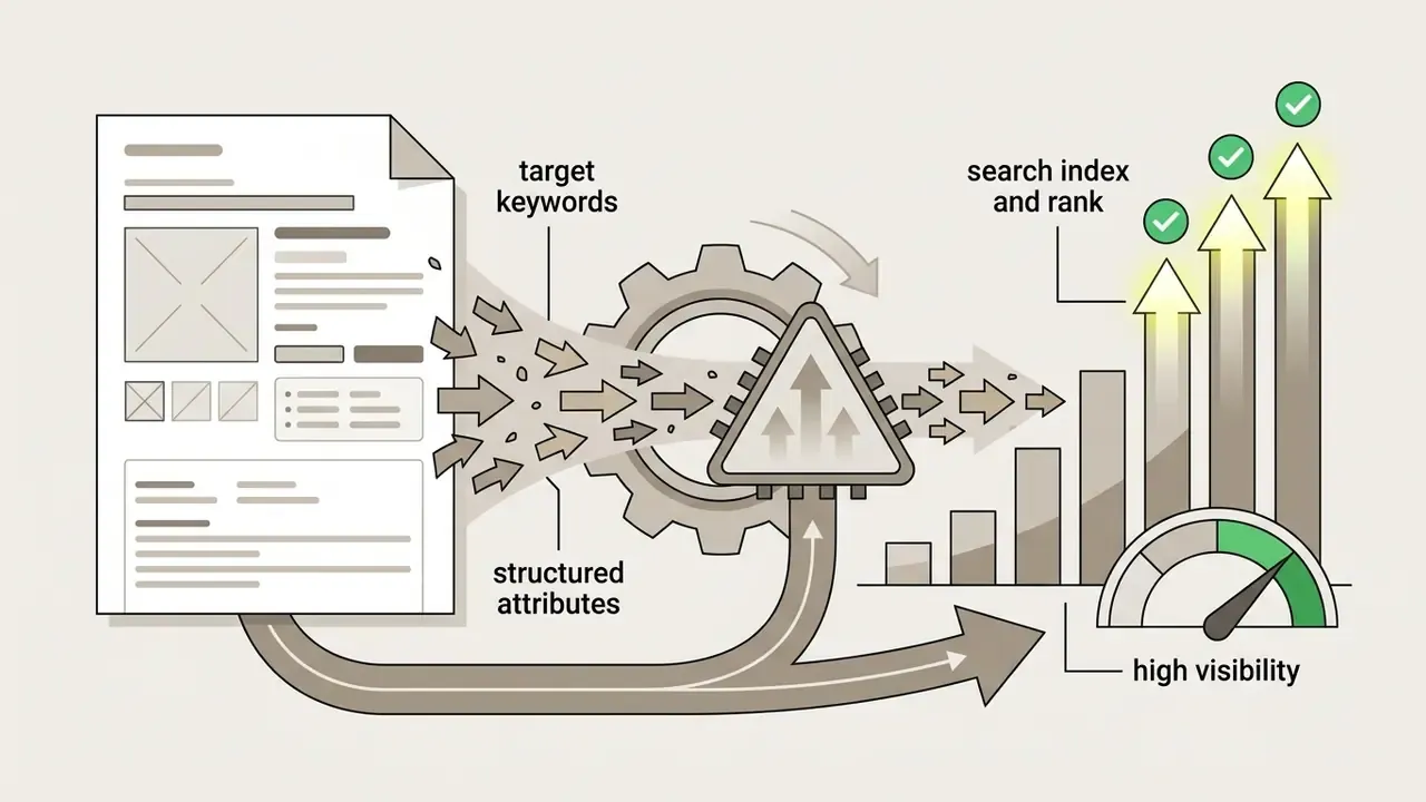Document data flowing through a gear and chip mechanism to boost search rankings and visibility