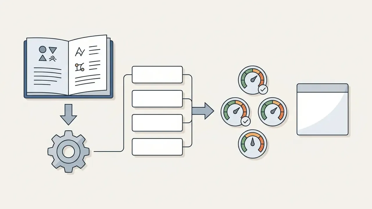Brand book feeding into a gear system that processes data into gauges and a blank output interface