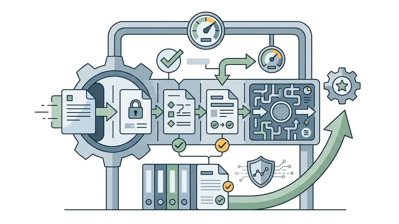 Documents moving through a gear-driven pipeline with gauges and security icons to determine final costs