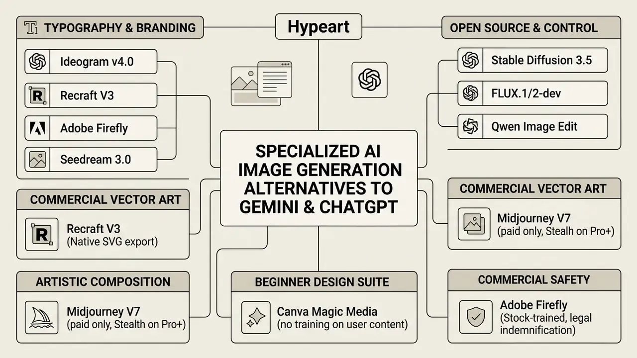 Matrix mapping specialized AI image generator tools by use case categories for a 2025 comparison