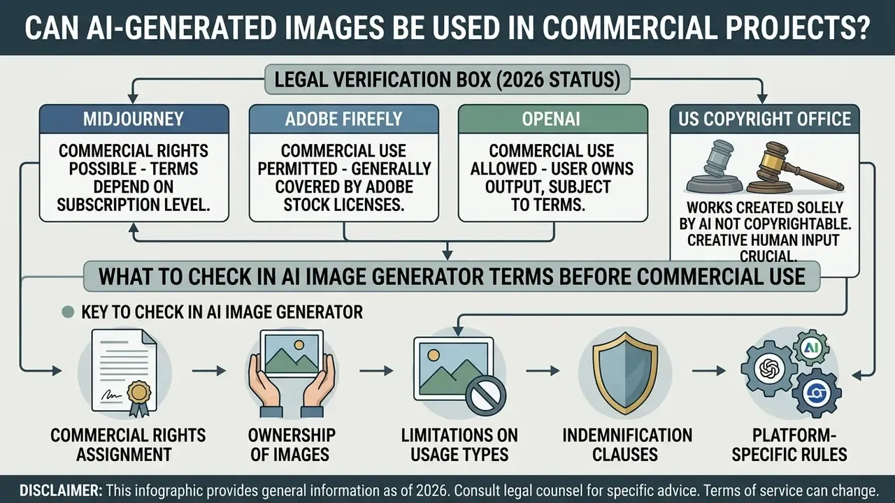 Flowchart comparing commercial usage policies for Midjourney, Adobe Firefly, OpenAI, and US copyright rules