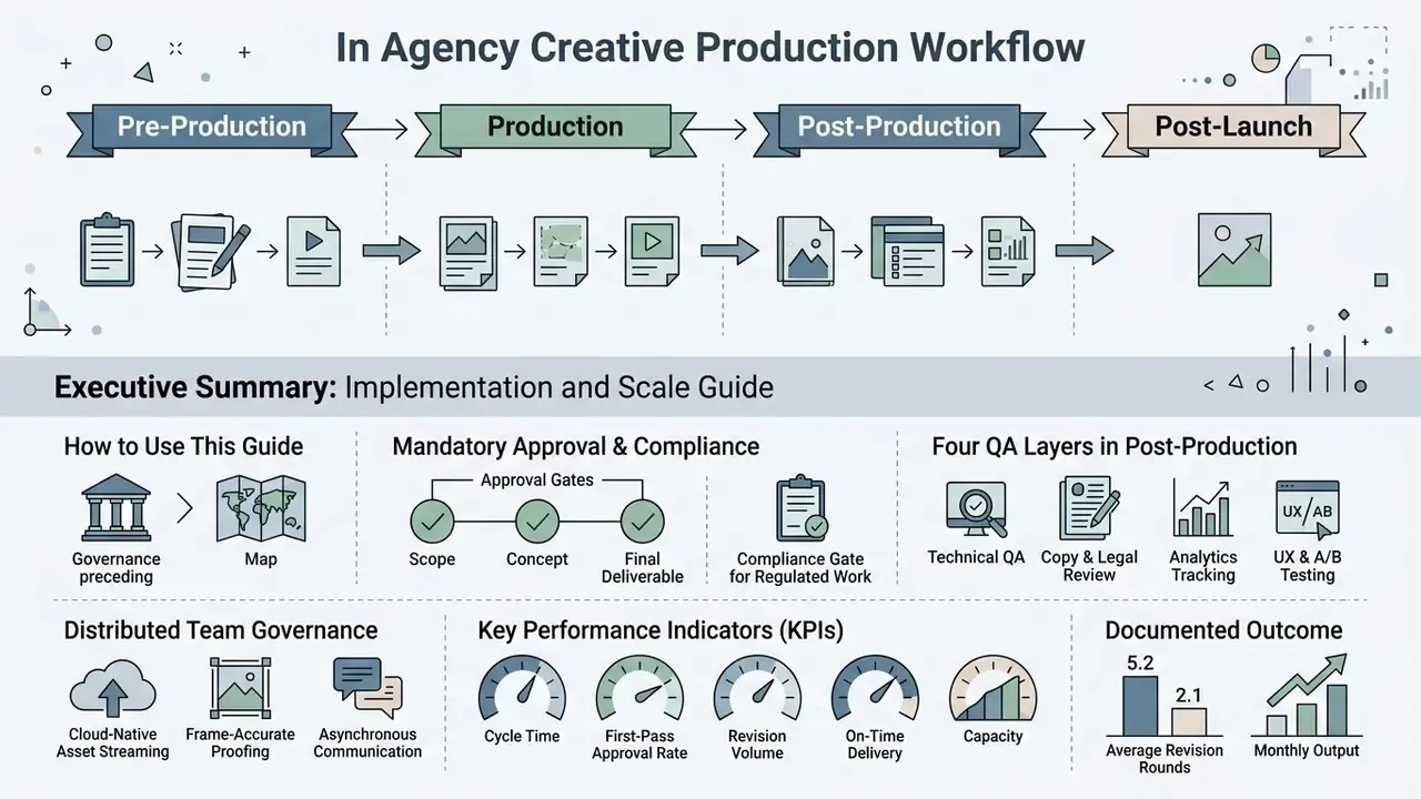 Infographic showing an agency creative production workflow across four phases with key metrics and processes
