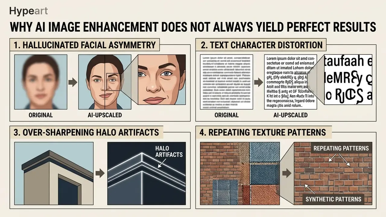 Callout diagram showing four common AI upscaling failure modes including facial asymmetry and text distortion