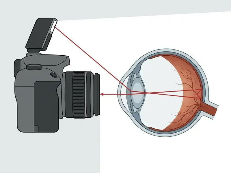 Diagram showing light from a camera flash reflecting off the retina and back into the lens