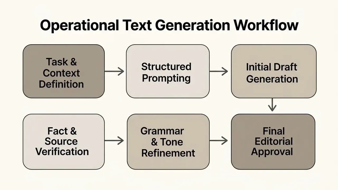 Six sequential steps for text generation starting from task definition through to final editorial approval