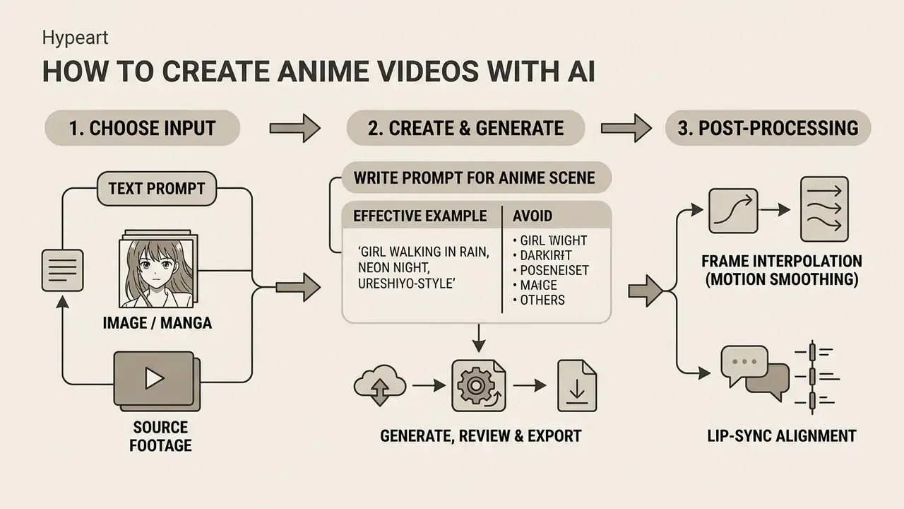 Step-by-step process for a free AI anime video generator including prompting, generation, and editing