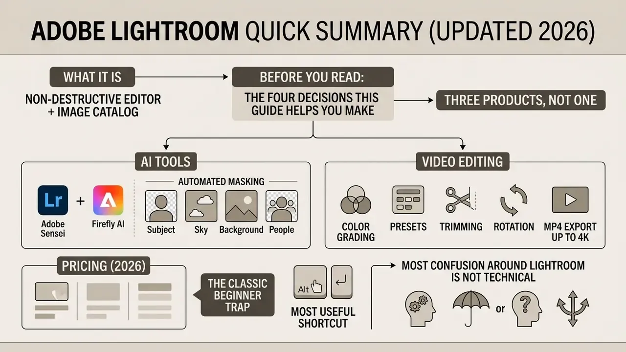 Flowchart outlining Adobe Lightroom features including AI masking, video editing, and pricing decisions