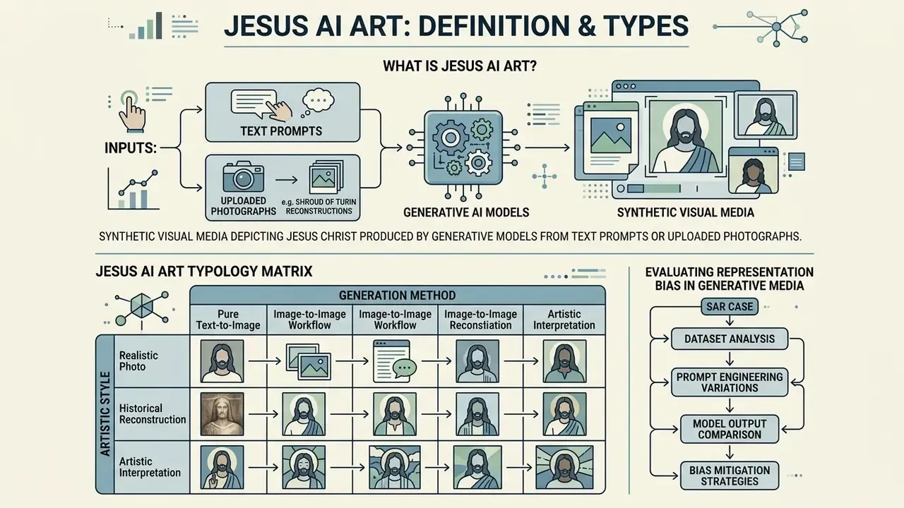 Infographic explaining Jesus AI art creation processes and a typology matrix for evaluating representation bias