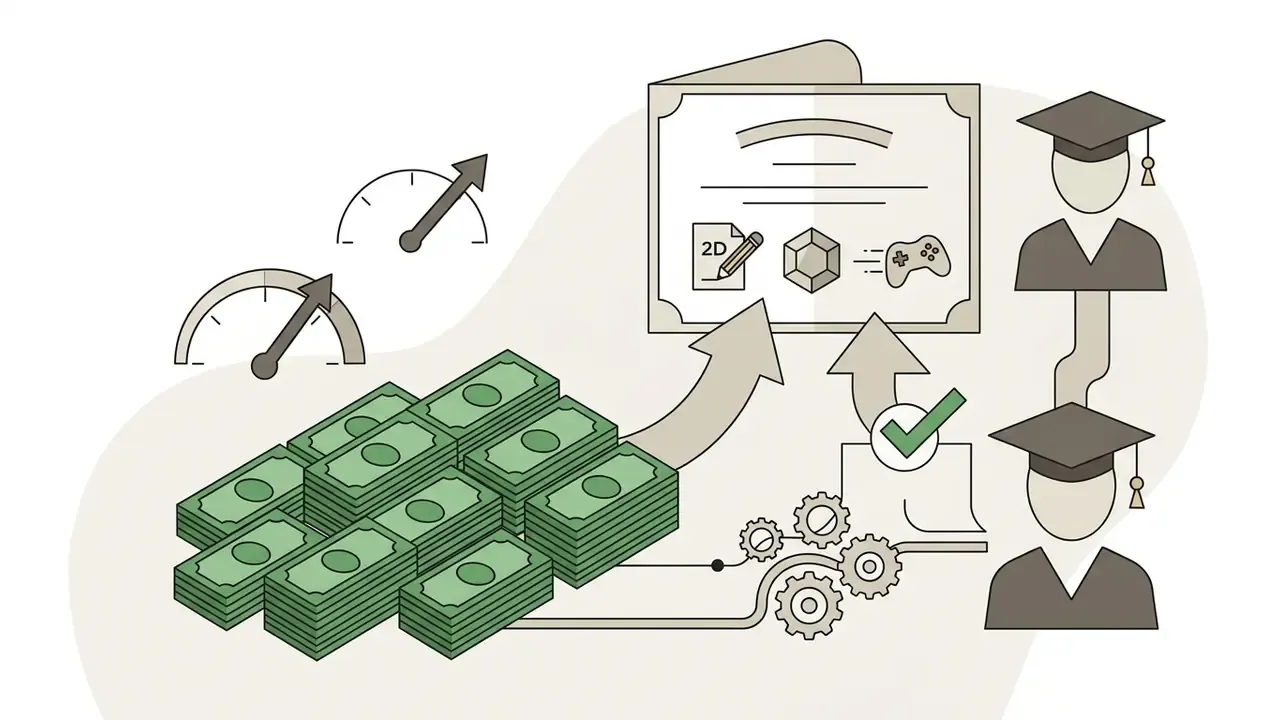 Stacks of cash flowing toward a certificate with design icons while graduates connect to the process