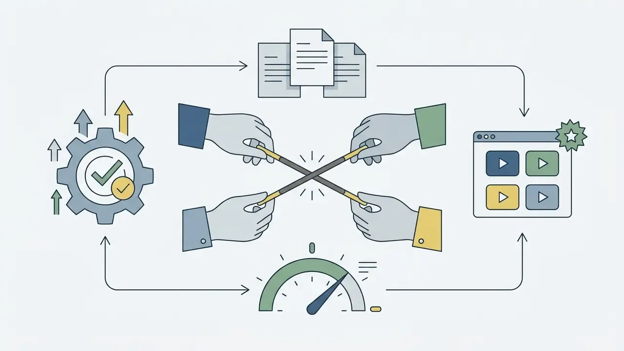 Hands holding crossed sticks connected by a gear, document, gauge, and video interface in a cycle