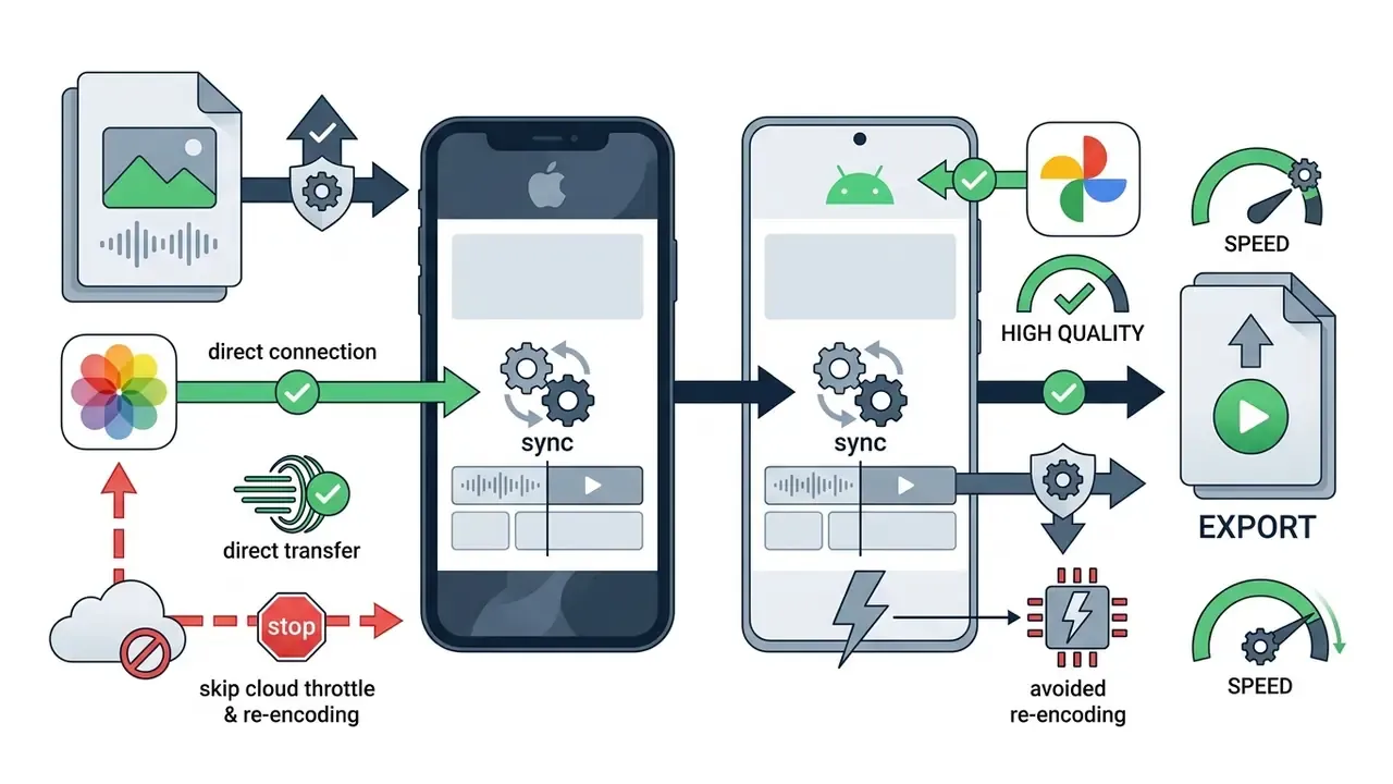 Mobile devices syncing media files directly to bypass cloud throttles and avoid re-encoding footage