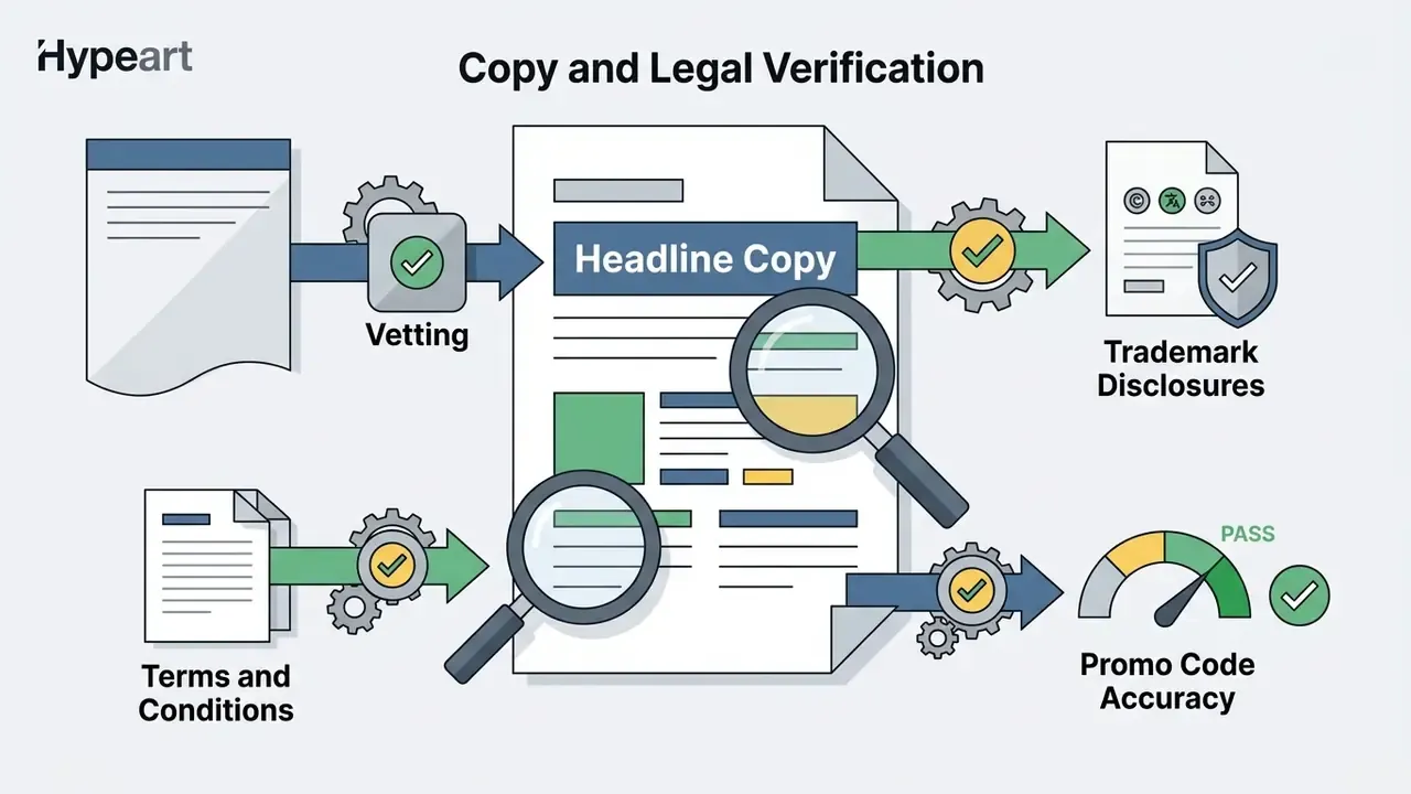 Document and magnifying glass icons routing copy and legal text through gears to reach approval status