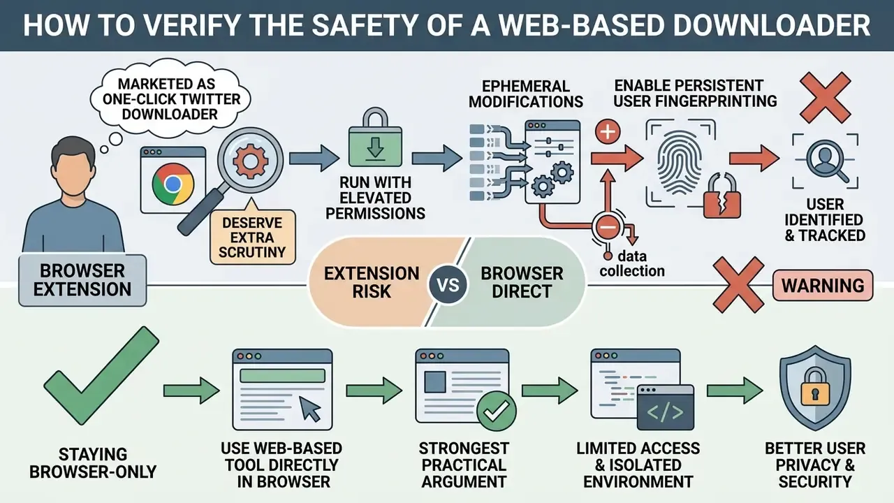 Flowchart comparing risks of browser extensions against benefits of using direct web-based tools