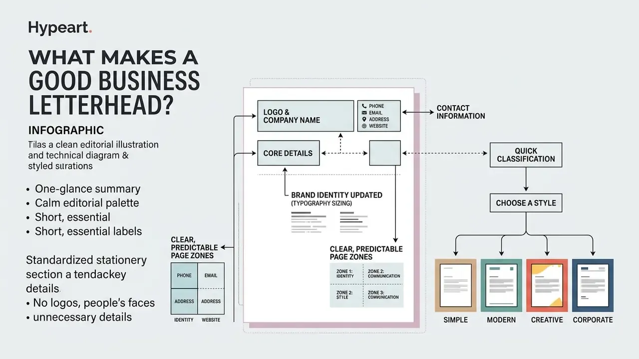 Infographic showing a standardized letterhead layout with labeled zones for logos and contact information