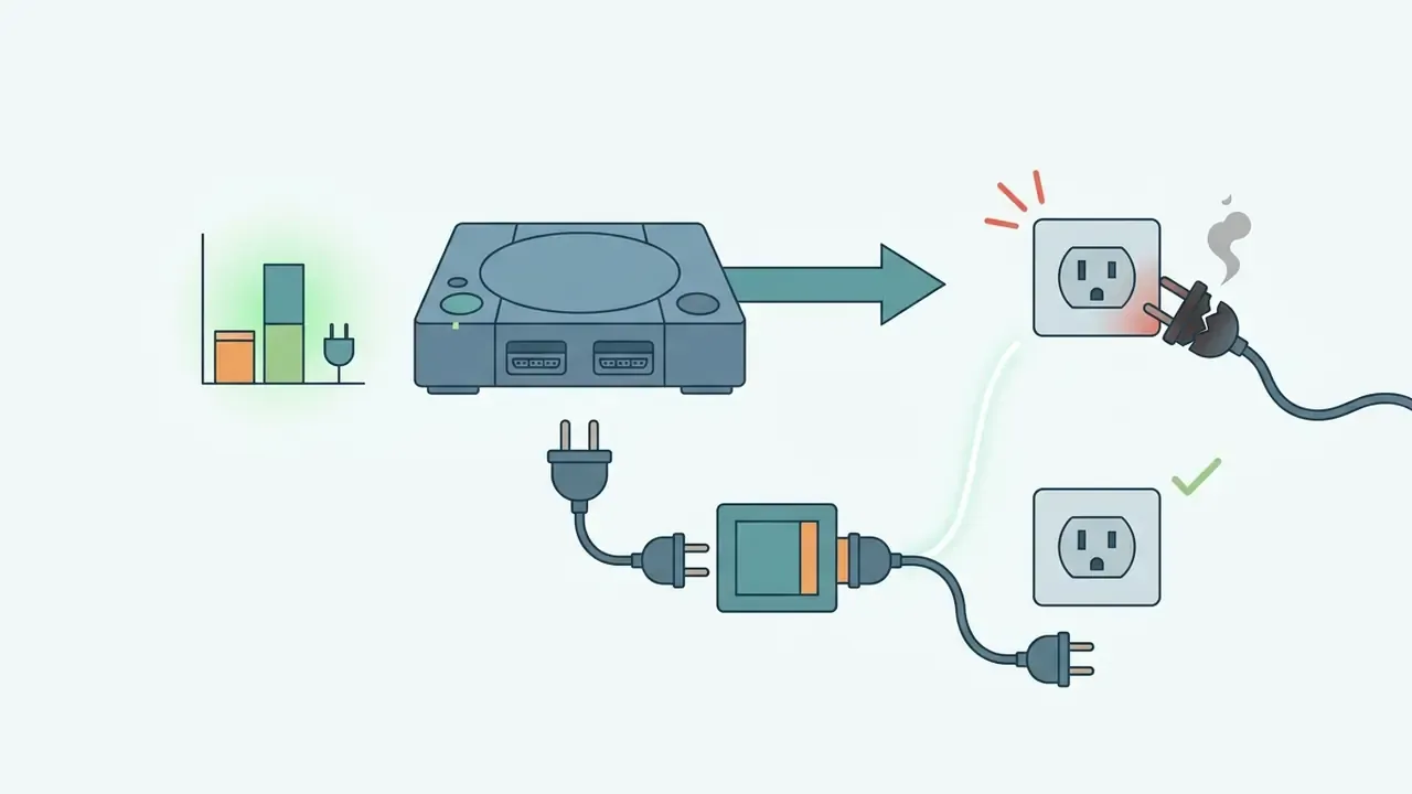 Game console connected to a step-down transformer instead of a wall outlet to prevent electrical damage