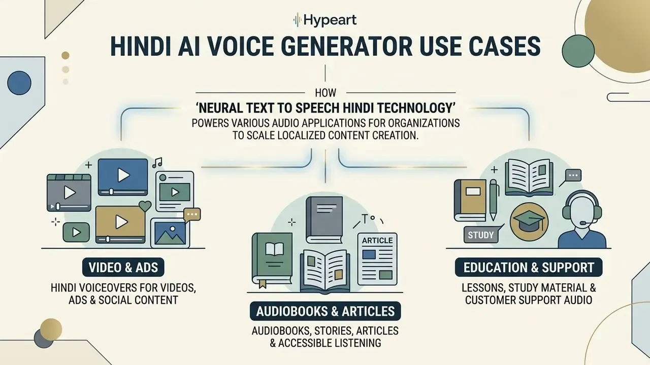 Summary graphic showing three categories of Hindi AI voice generator applications for media and education