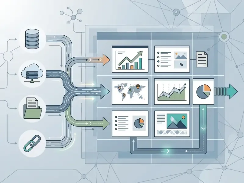 Data streams from various sources merging into a grid of charts and documents for slide integration