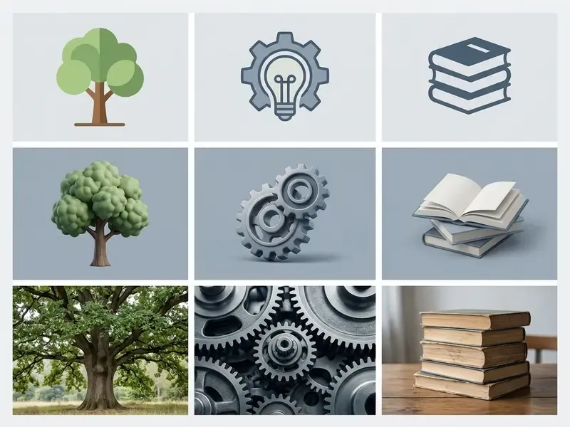 Grid comparing flat icons, 3D renders, and photorealistic images of trees, gears, and books