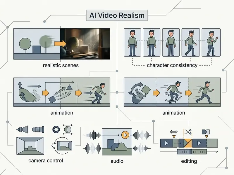 Diagram comparing AI video generator capabilities including scene realism, character consistency, and editing