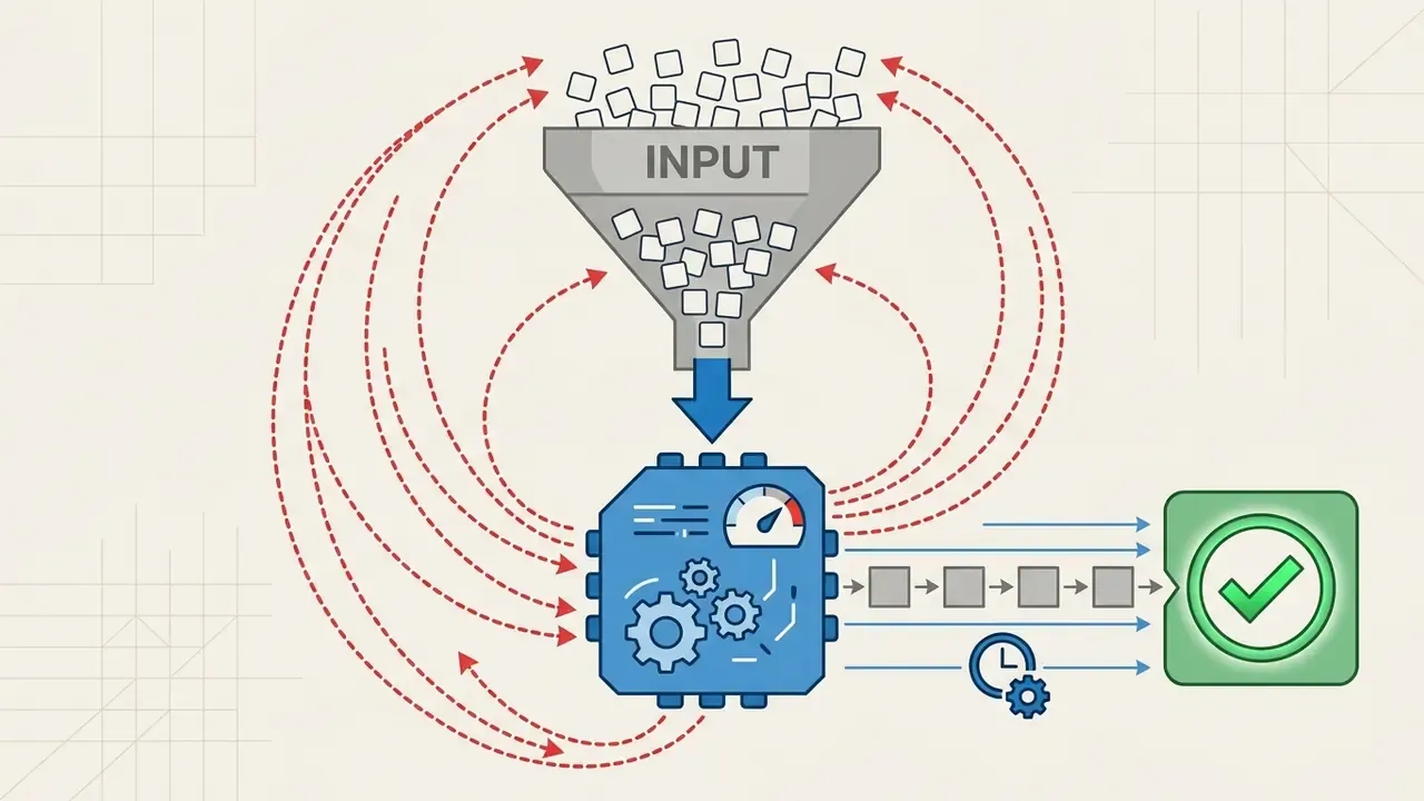 Funnel feeding data blocks into a processing unit with feedback loops returning rejected items for re-input