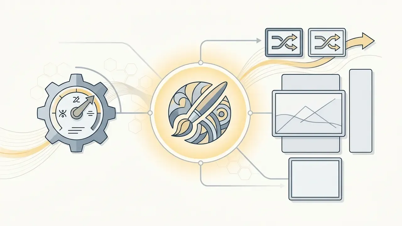 Central artistic icon connected to a gear gauge and various data panels representing AI image generation