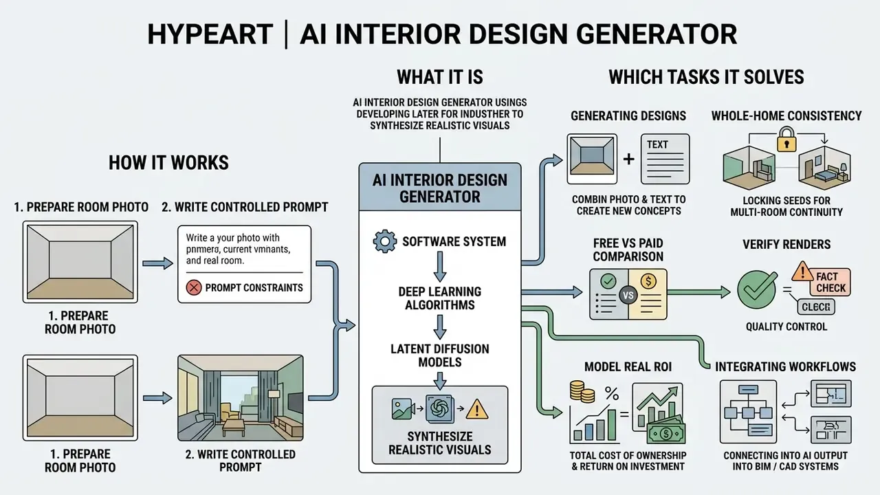 Infographic showing how an AI interior design generator processes room photos and prompts into visuals