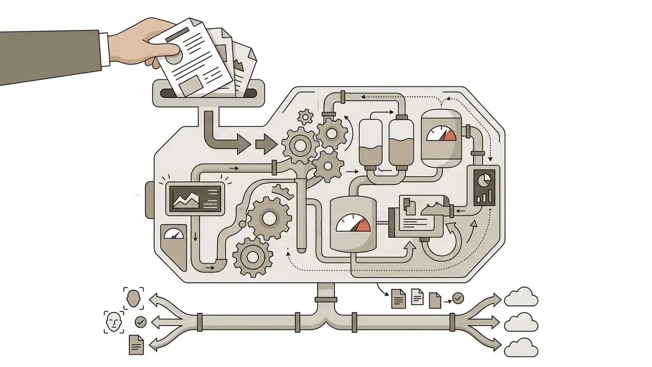 Hand inserting documents into a complex machine that processes data into facial icons and cloud storage