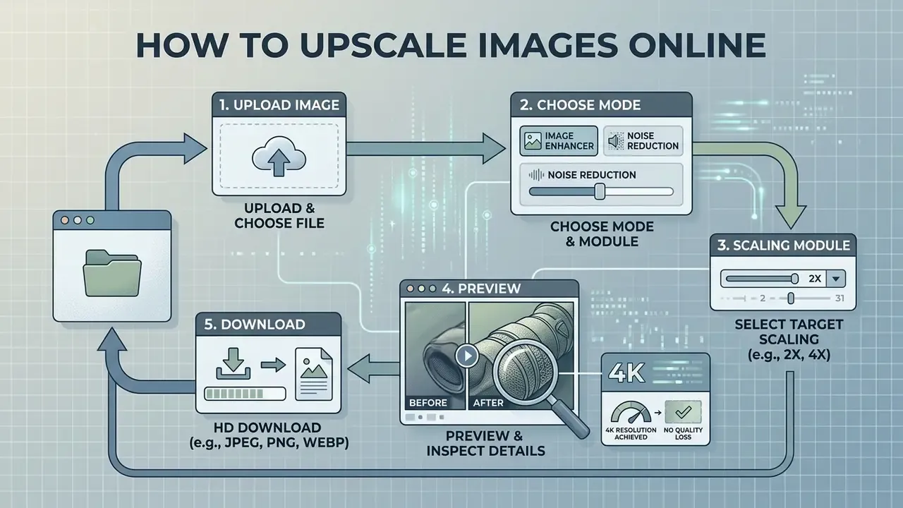 Five-step flowchart showing the process to upload, enhance, and download files using an AI image upscaler