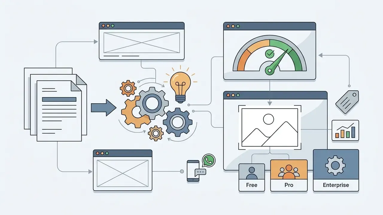 System of gears and a lightbulb connecting document inputs to browser windows and user tier icons