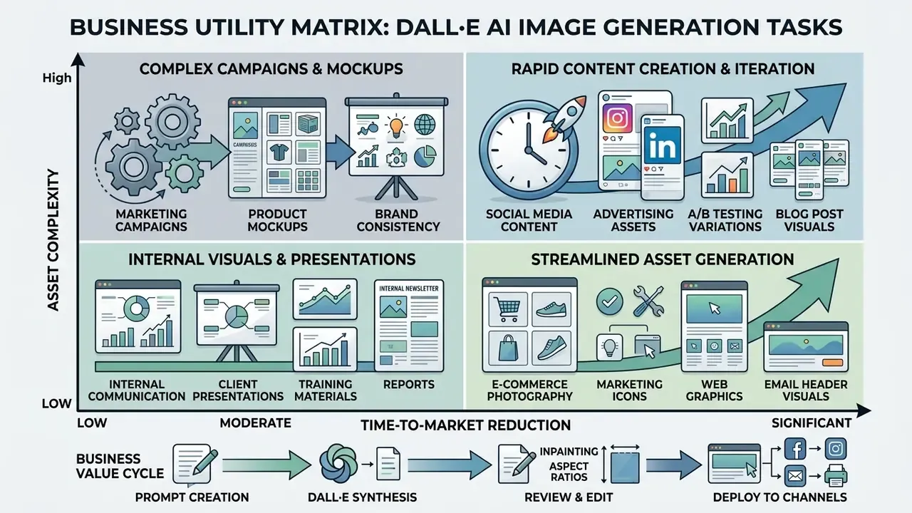 Matrix mapping DALL-E AI image generator tasks by asset complexity and time-to-market reduction